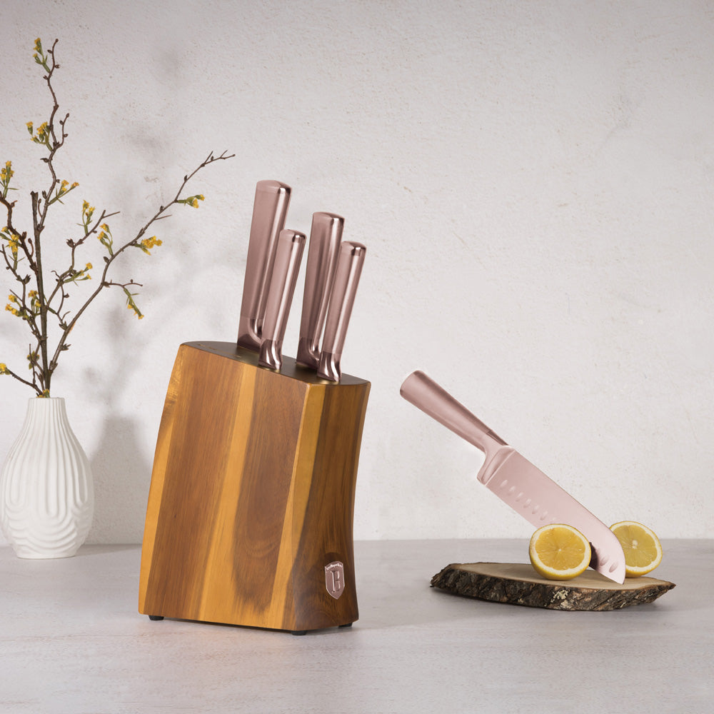 6 részes rose gold késkészlet akácfa állvánnyal Berlinger Haus Taupe Collection