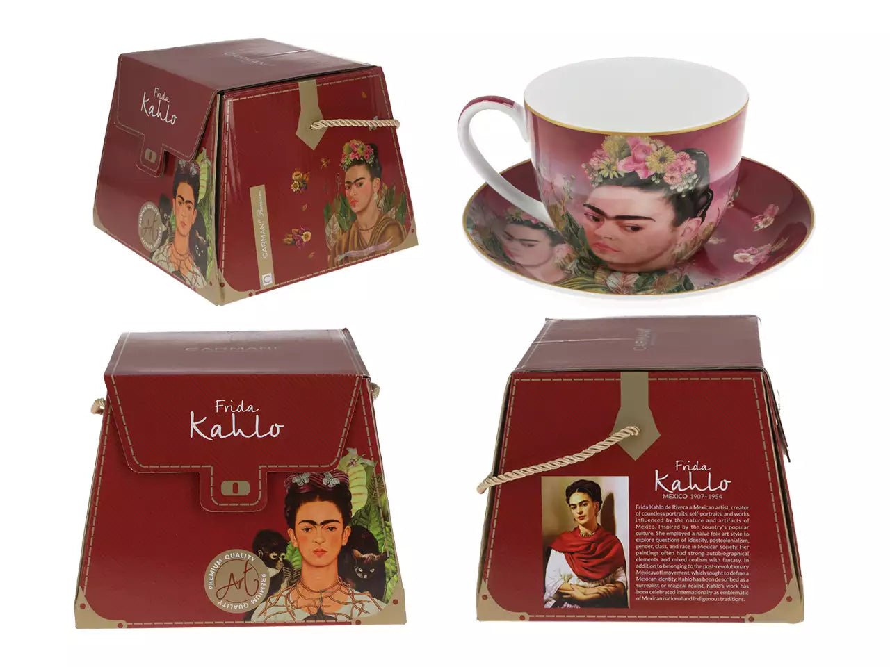 Porcelán csésze aljjal Frida Kahlo virágkoronás díszdobozban