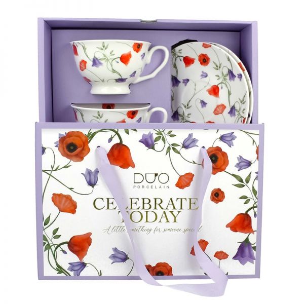 Pipacsos és harangvirágos porcelán csésze aljjal 250 ml - 2 személyes - ajándékdobozban