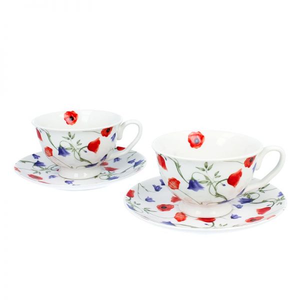 Pipacsos és harangvirágos porcelán csésze aljjal 250 ml - 2 személyes - ajándékdobozban