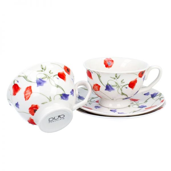 Pipacsos és harangvirágos porcelán csésze aljjal 250 ml - 2 személyes - ajándékdobozban