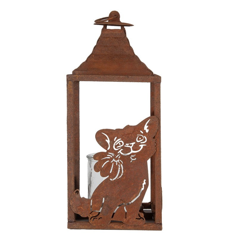 Antikolt barna fém mécsestartó lantern cicás 15x15x37 cm