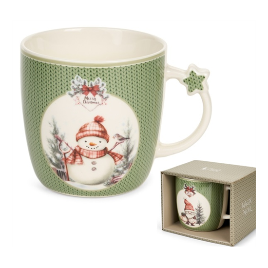 Karácsonyi porcelán bögre 360 ml zöld kötött hóemberes