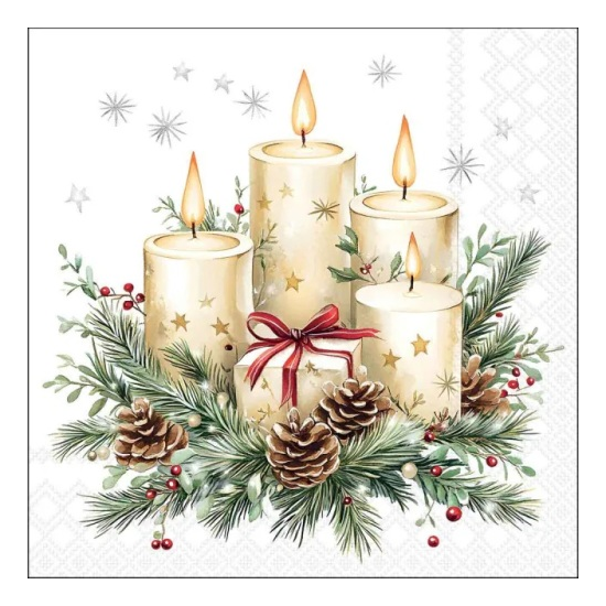 Karácsonyi szalvéta – Gyertyák és ajándék – fehér, 33x33 cm, 20 db-os