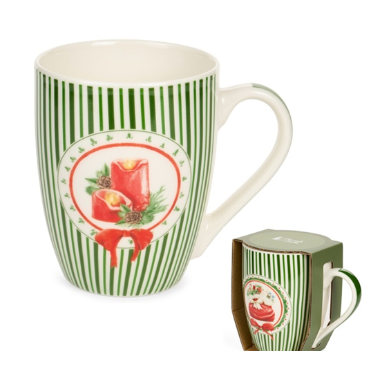 Karácsonyi porcelán bögre 350 ml zöld csíkos gyertyás