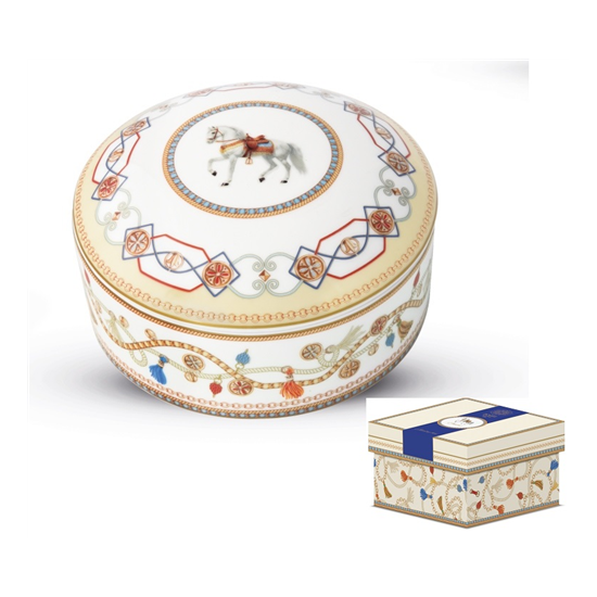 Porcelán ékszertartó díszdobozban lovas mintával Cheval