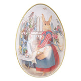 Húsvéti dekorációs tojás kis fémdoboz 8x13x8 cm nyúl asszony tojáskosárral
