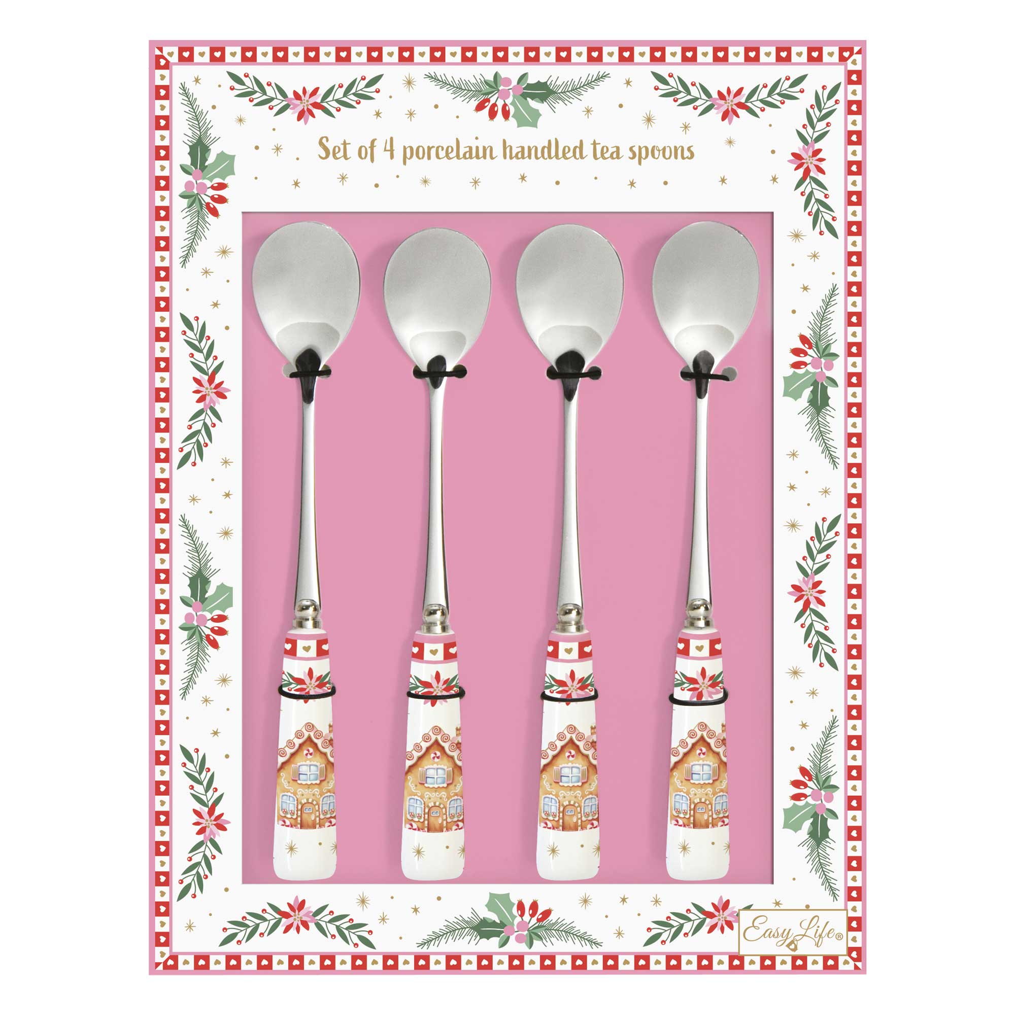 Karácsonyi rozsdamentes acél teáskanál 4 db szett porcelán nyéllel Sweet Christmas
