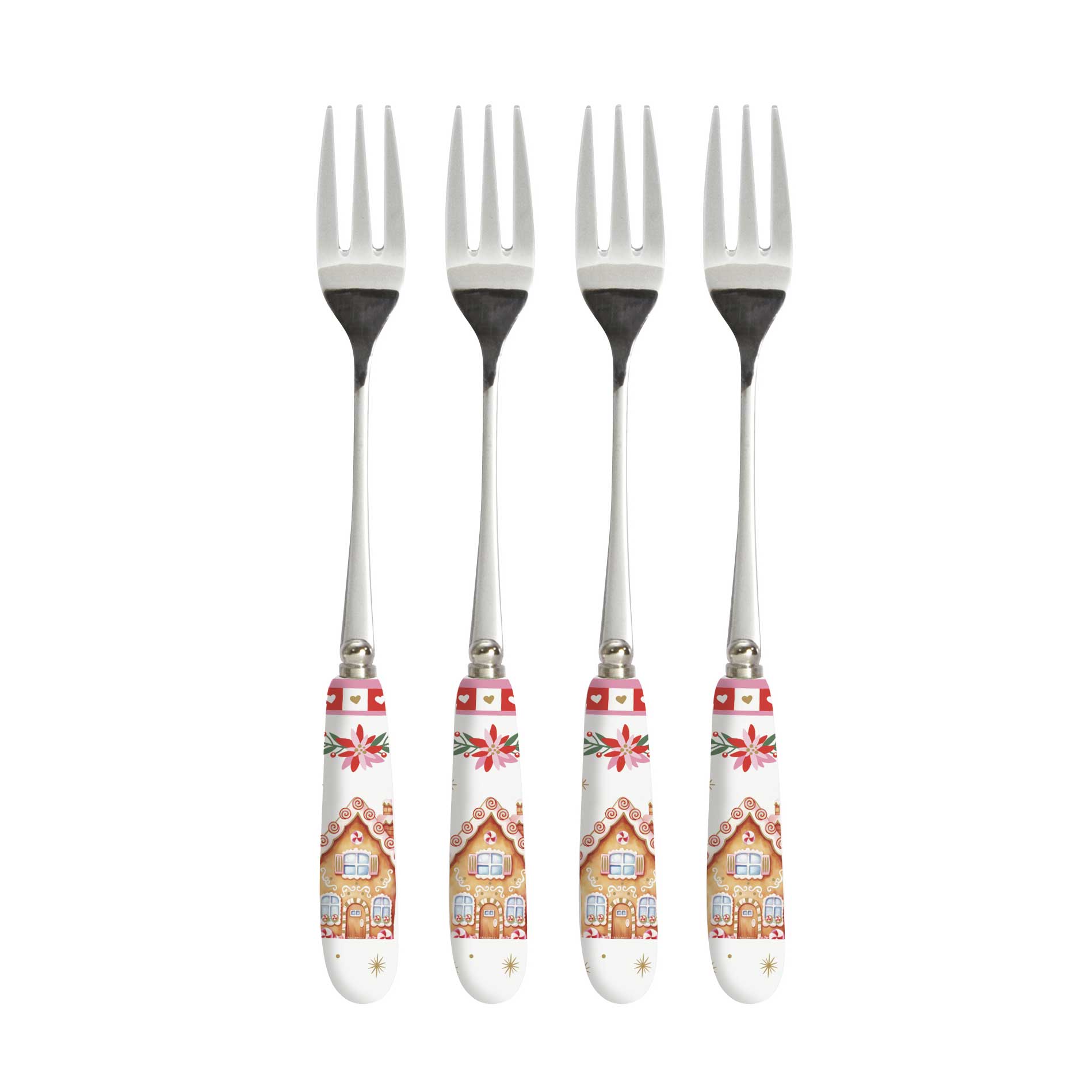 Karácsonyi rozsdamentes acél süteményes villa 4 db szett porcelán nyéllel Sweet Christmas