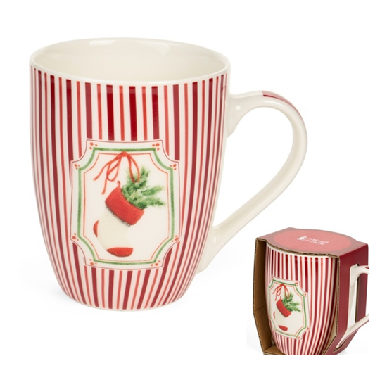 Karácsonyi porcelán bögre 350 ml piros csíkos zoknis