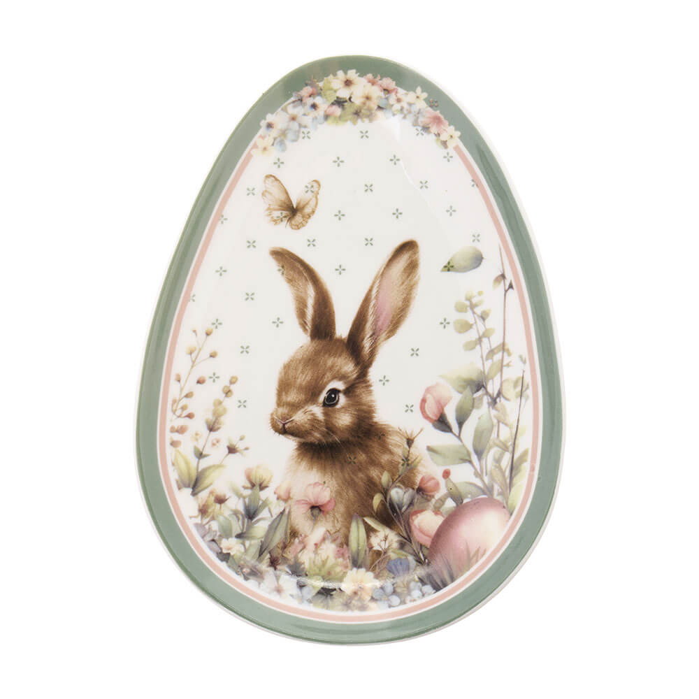 Húsvéti nyuszis Porcelán tojás formájú tányér 17x12 cm díszdobozban