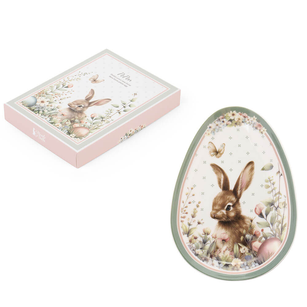 Húsvéti nyuszis Porcelán tojás formájú tányér 17x12 cm díszdobozban