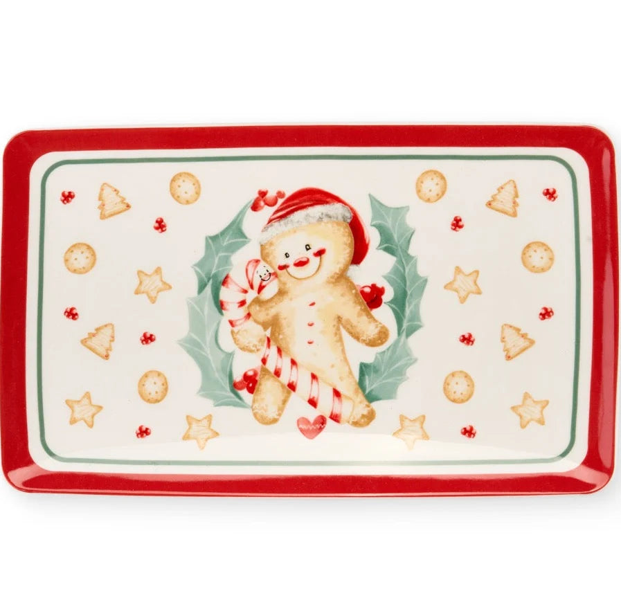 Karácsonyi porcelán kínáló tálca díszdobozban mézeskalács baba