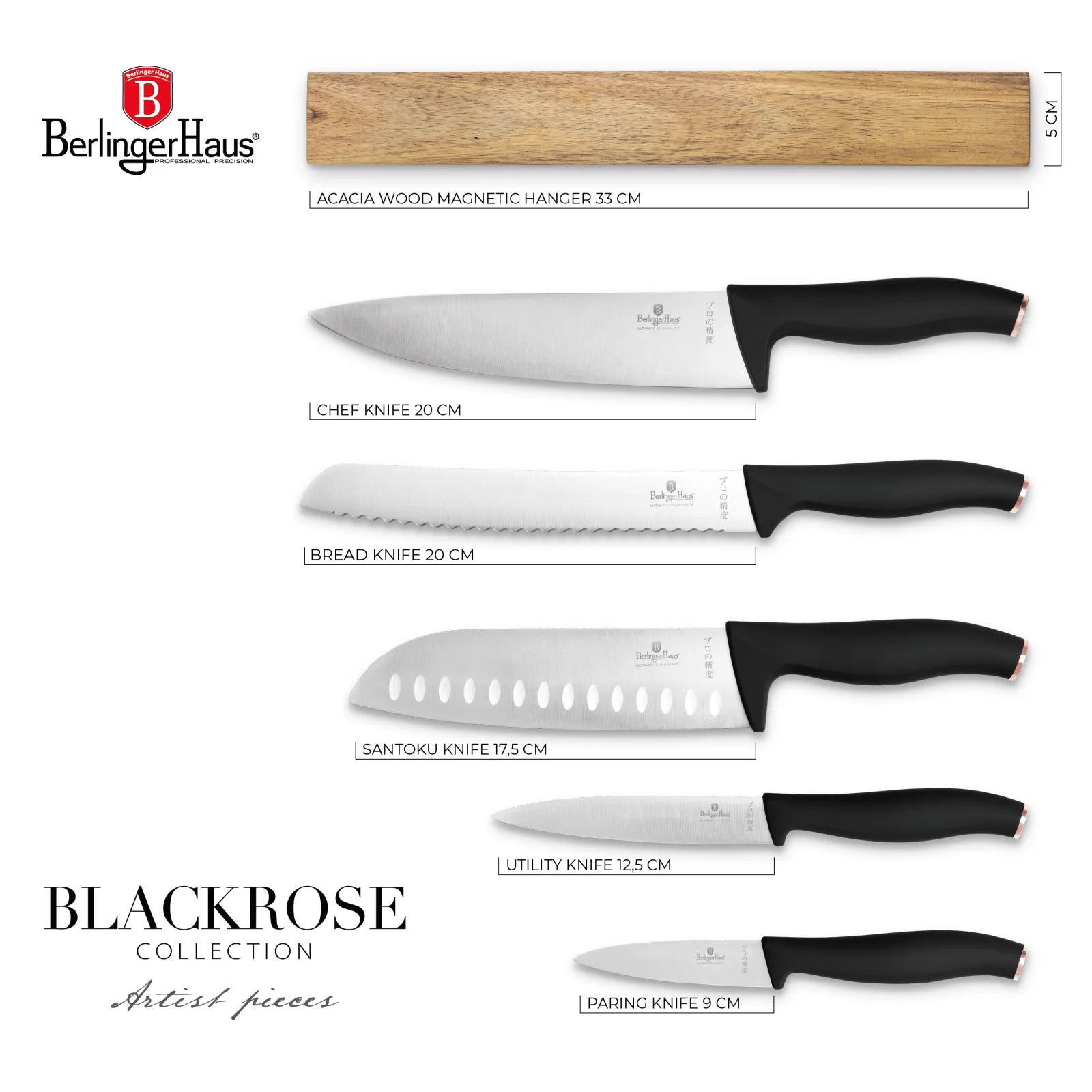 Berlinger Haus 6 részes késkészlet mágneses akácfa késtartóval – Black Rose Collection