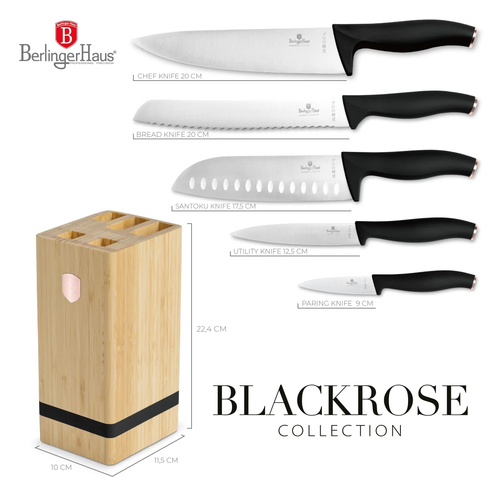Berlinger Haus 6 részes késkészlet bambusz késtartóval – Black Rose Collection