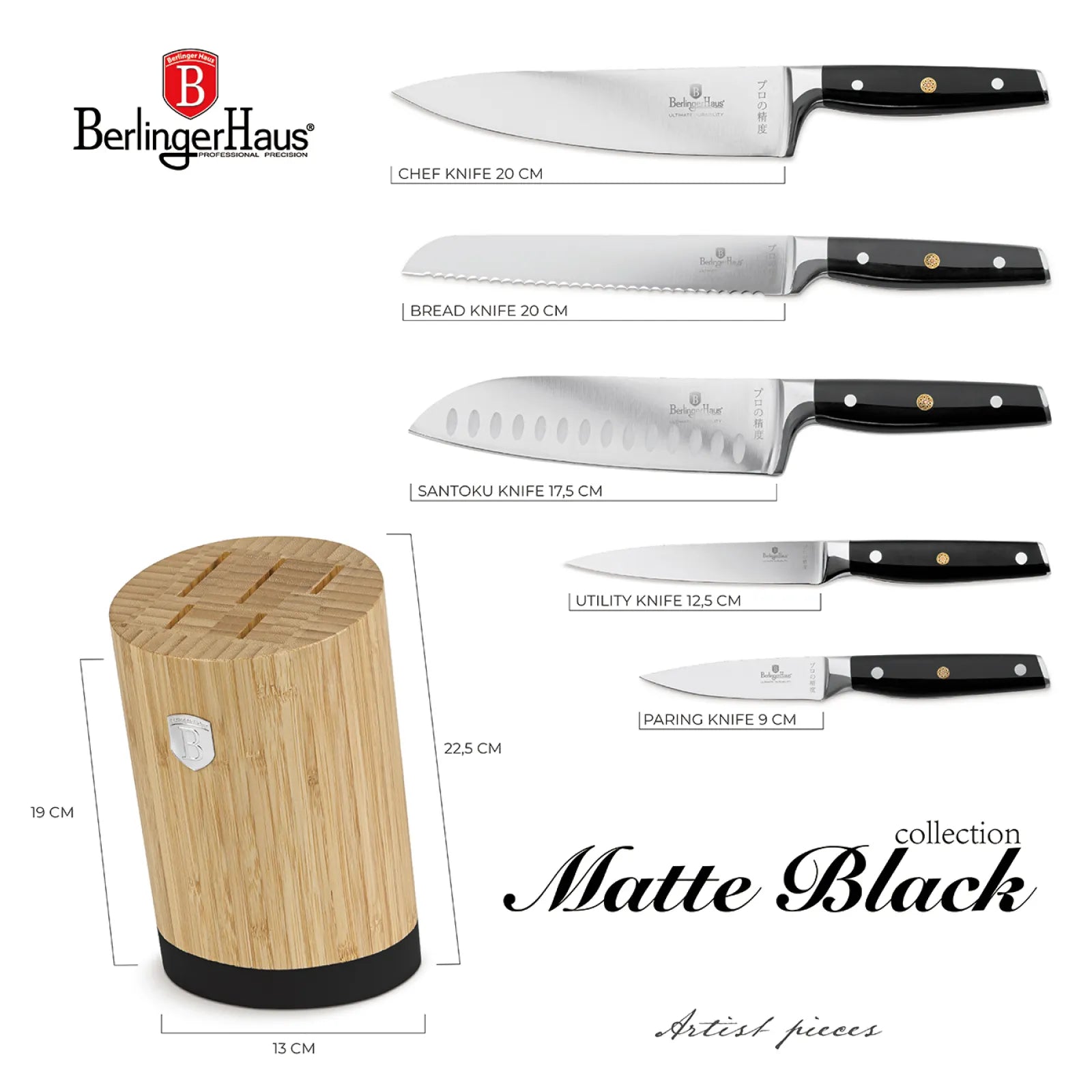 Berlinger Haus 6 részes FULL TANG késkészlet bambusz állvánnyal – Black Vantage Collection