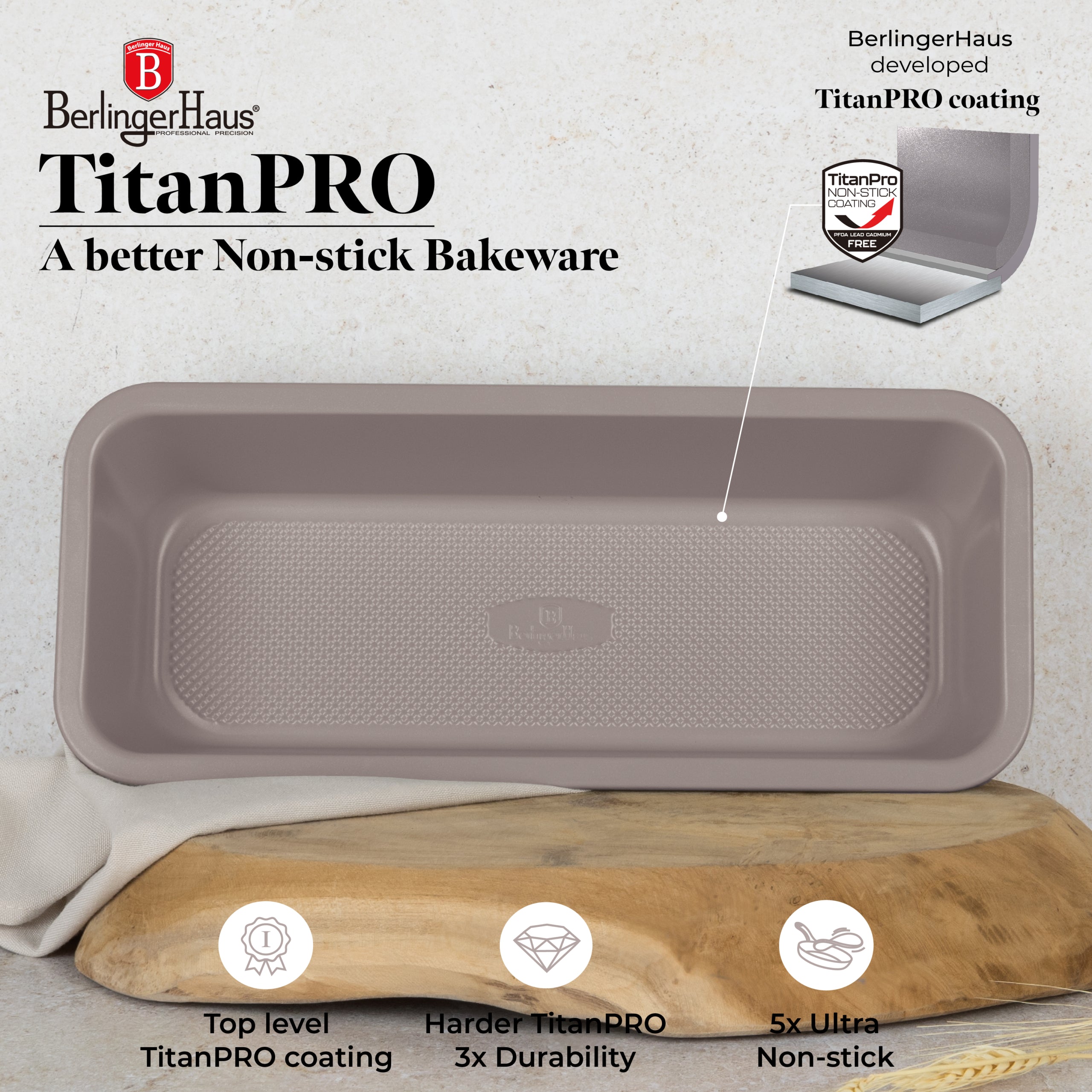 Kenyérsütő tepsi tapadásmentes titánPro bevonattal 32 cm Berlinger Haus Taupe szürke