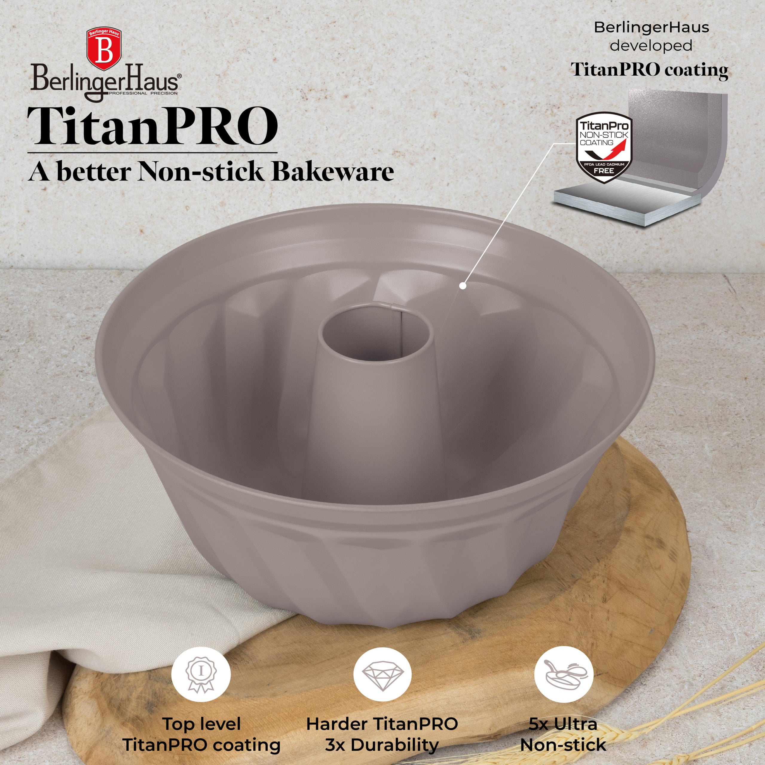 Kuglóf sütőforma tapadásmentes titánPro bevonattal 25 cm Berlinger Haus Taupe szürke