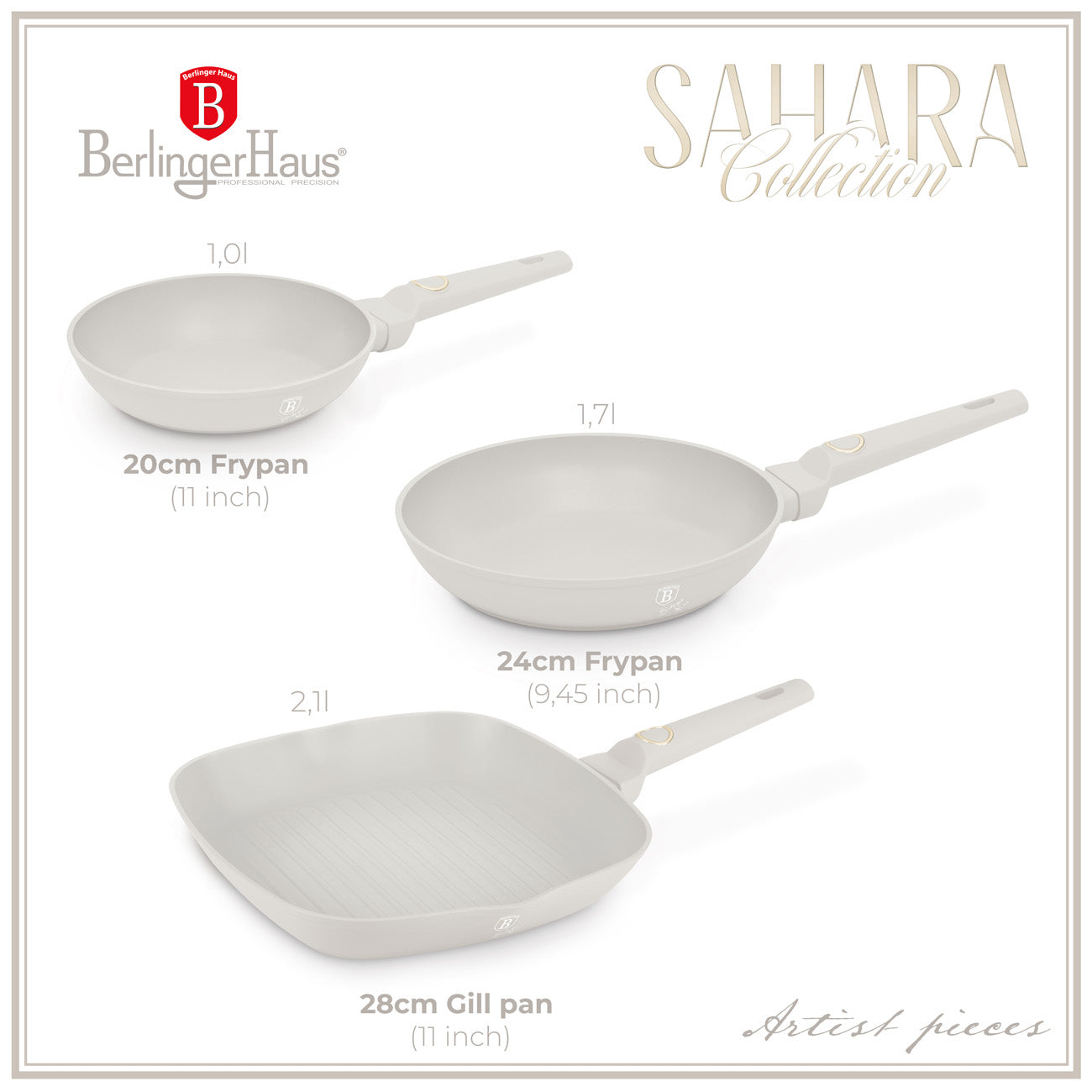 Berlinger Haus 3 részes indukciós serpenyő készlet matt krém Sahara Collection
