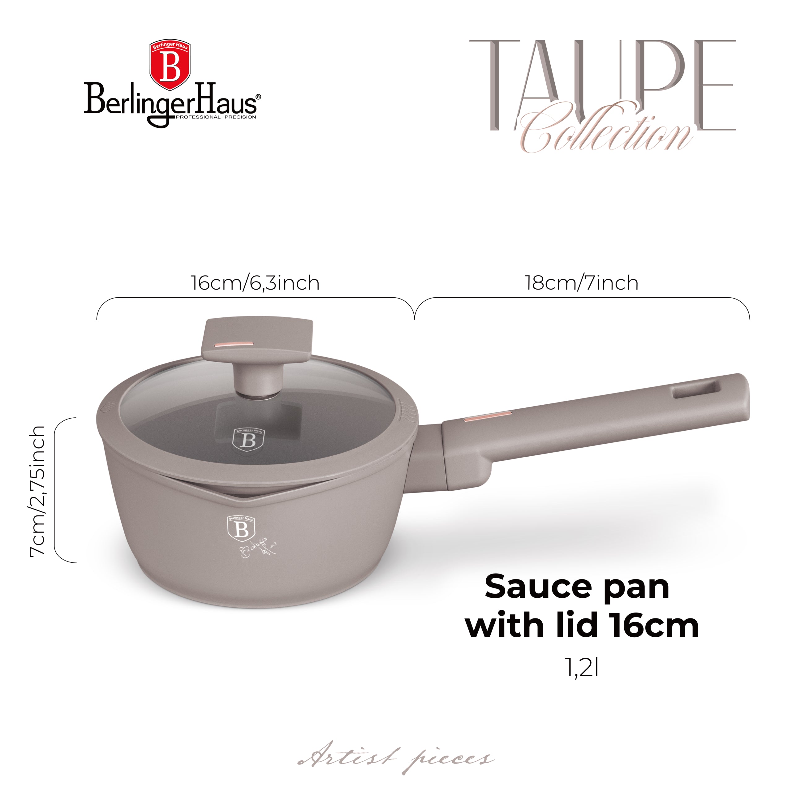 Szószos edény fedővel 1,2 L indukciós tapadásmentes Berlinger Haus Taupe Collection