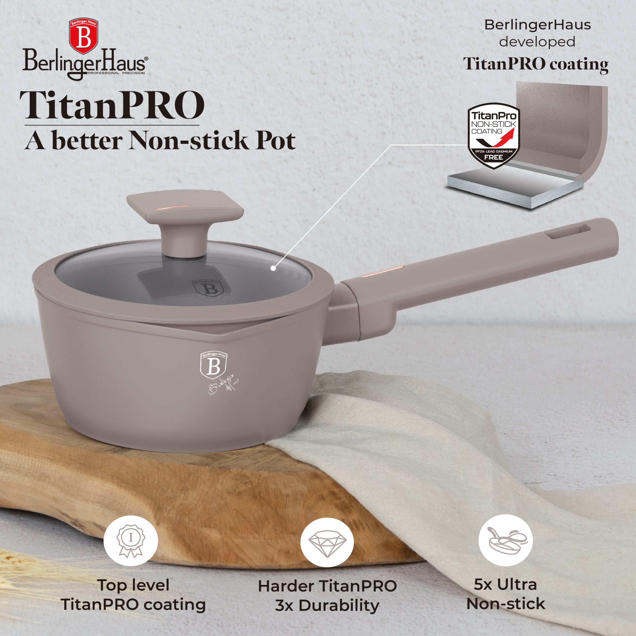 Szószos edény fedővel 1,2 L indukciós tapadásmentes Berlinger Haus Taupe Collection