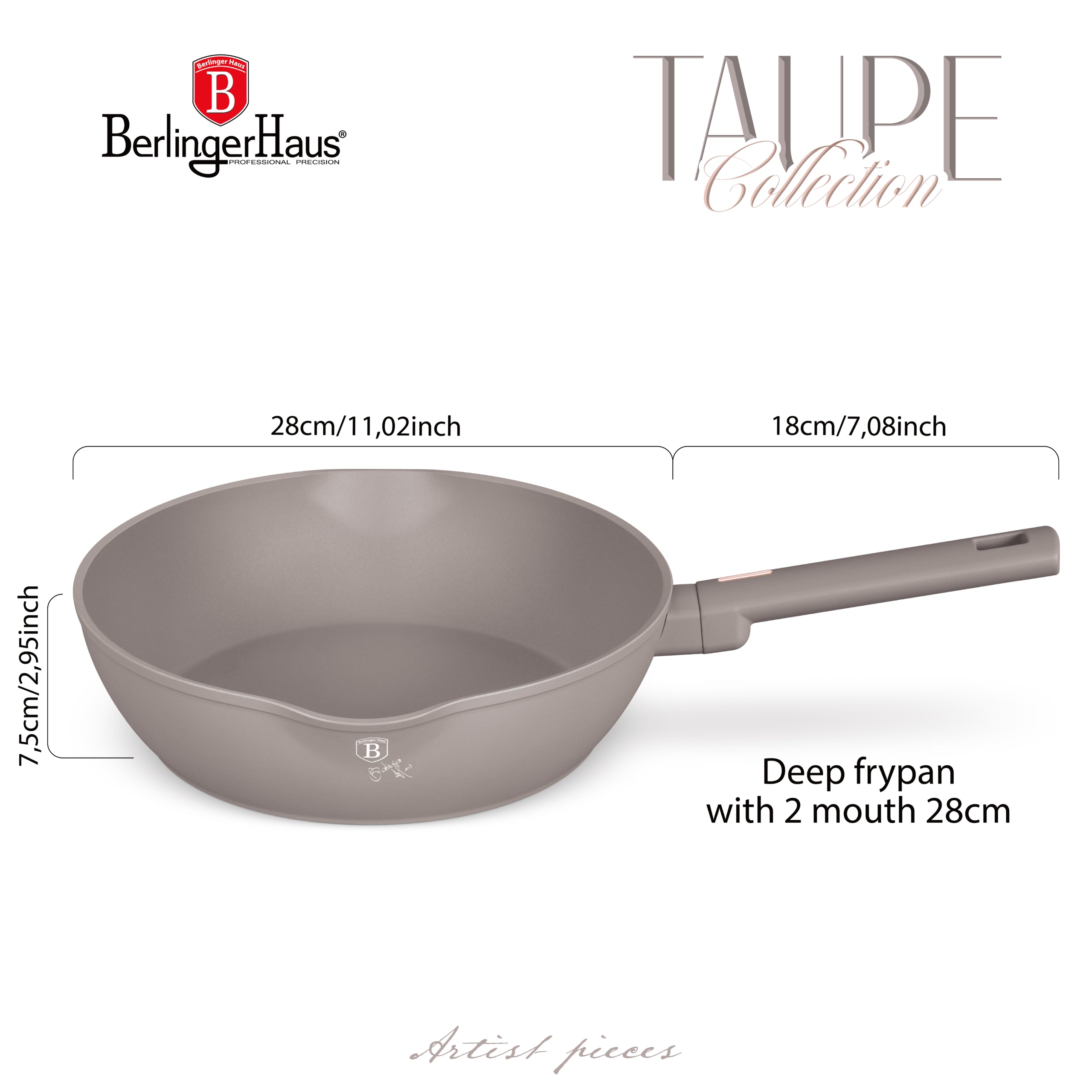 Mély serpenyő dupla kiöntő csőrrel 28 cm indukciós tapadásmentes Berlinger Haus Taupe Collection