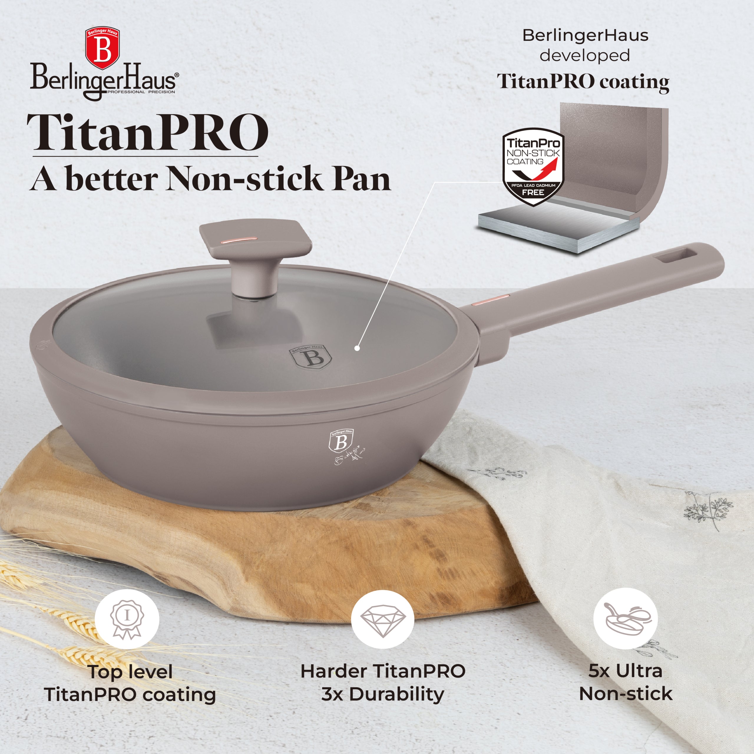 Mély serpenyő fedővel 24 cm indukciós tapadásmentes Berlinger Haus Taupe Collection
