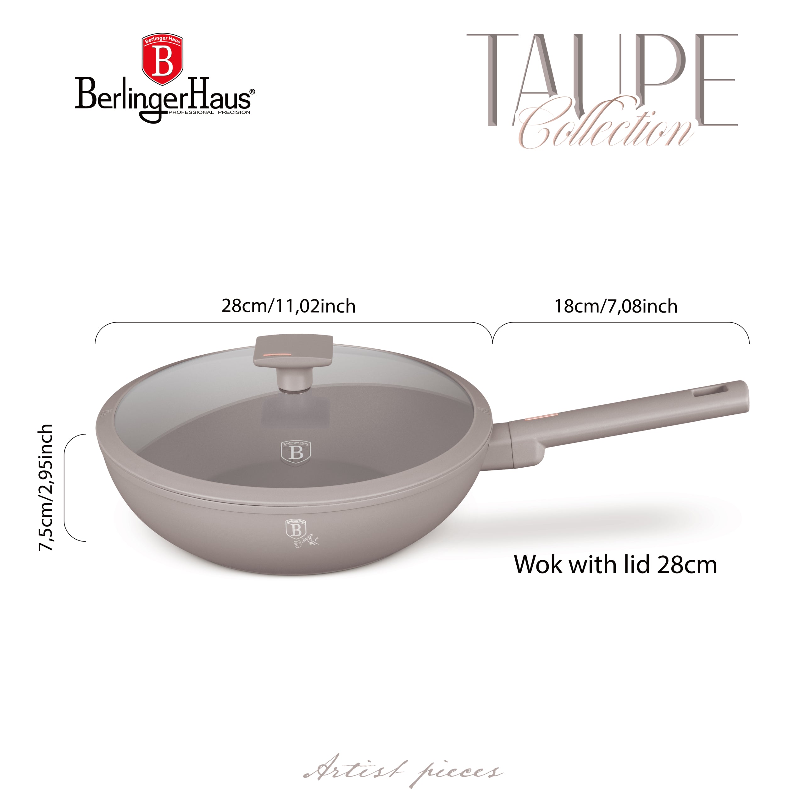 Wok serpenyő fedővel nagy 28 cm indukciós tapadásmentes Berlinger Haus Taupe Collection