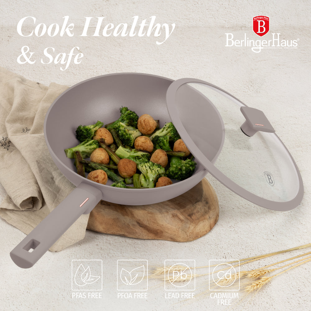 Wok serpenyő fedővel nagy 28 cm indukciós tapadásmentes Berlinger Haus Taupe Collection