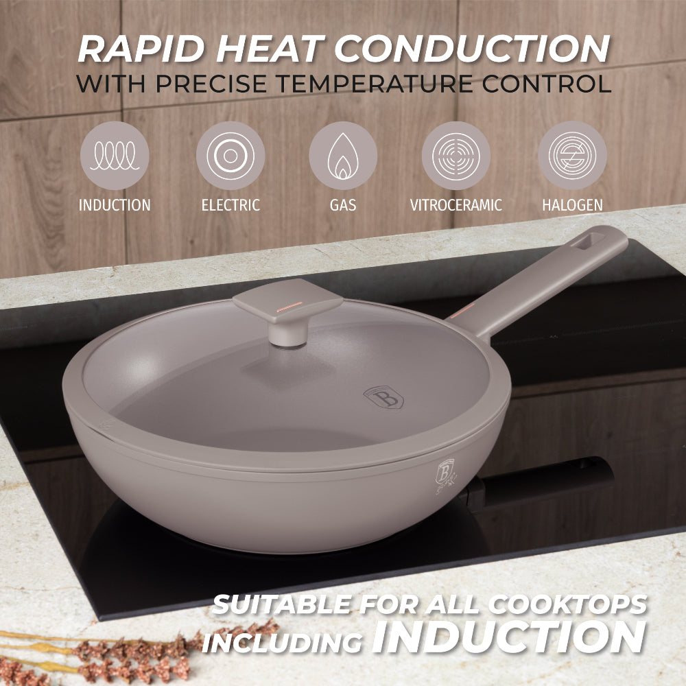 Wok serpenyő fedővel nagy 28 cm indukciós tapadásmentes Berlinger Haus Taupe Collection