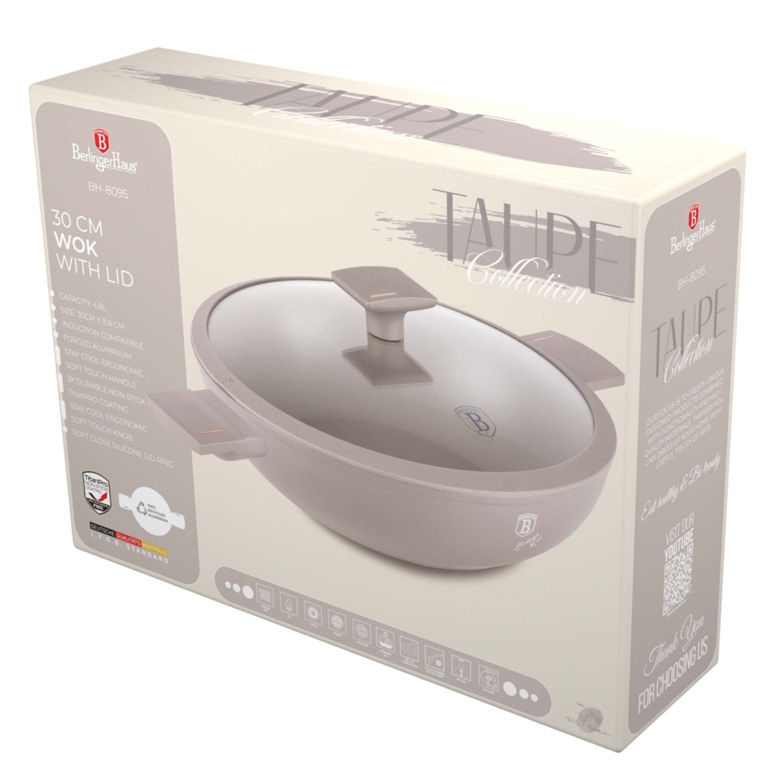 Wok serpenyő fedővel 30 cm indukciós tapadásmentes Berlinger Haus Taupe Collection