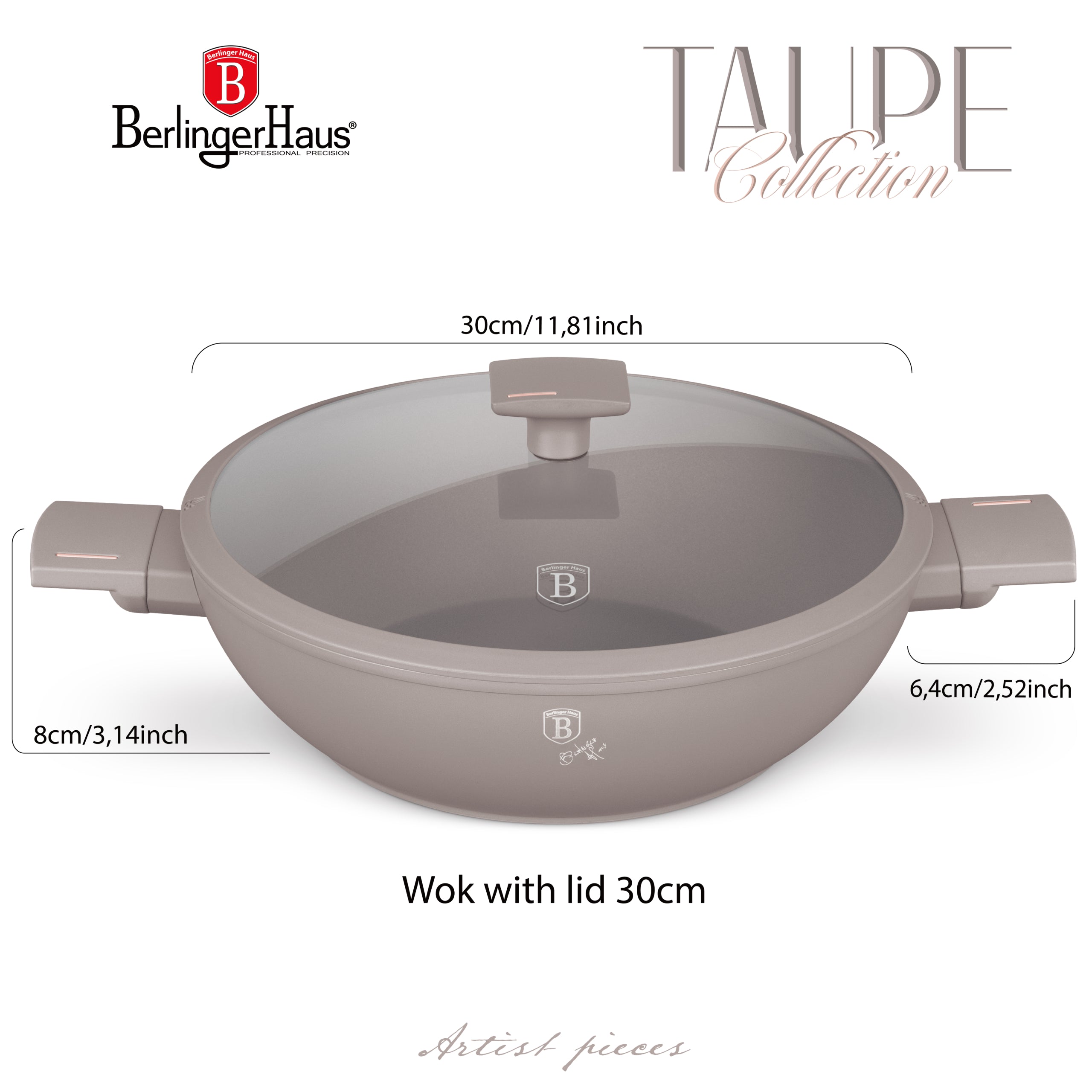 Wok serpenyő fedővel 30 cm indukciós tapadásmentes Berlinger Haus Taupe Collection