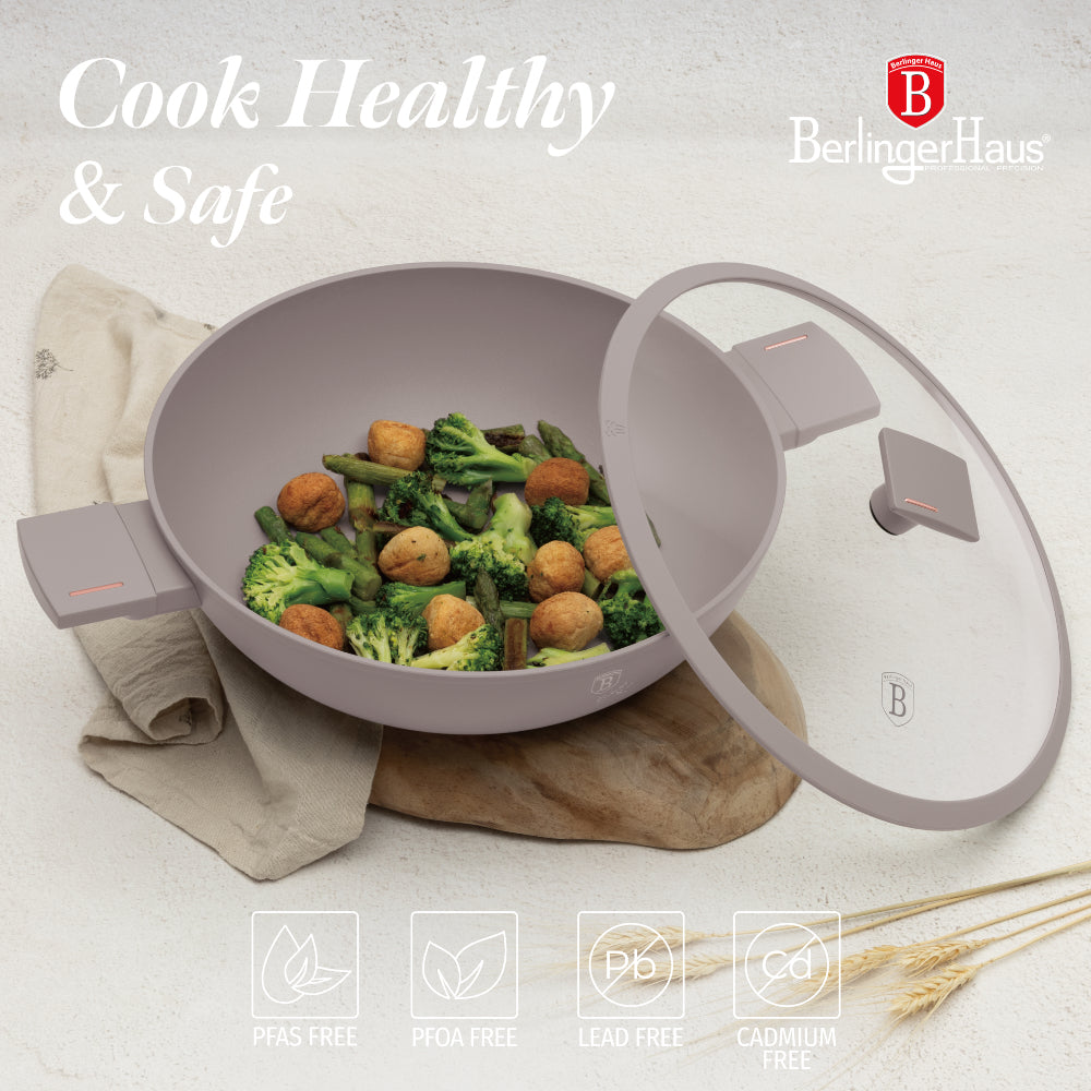 Wok serpenyő fedővel 30 cm indukciós tapadásmentes Berlinger Haus Taupe Collection