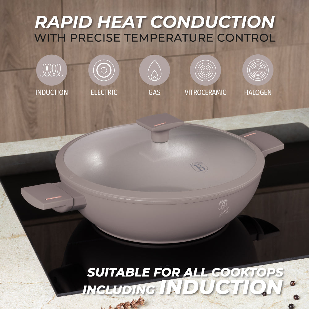 Wok serpenyő fedővel 30 cm indukciós tapadásmentes Berlinger Haus Taupe Collection