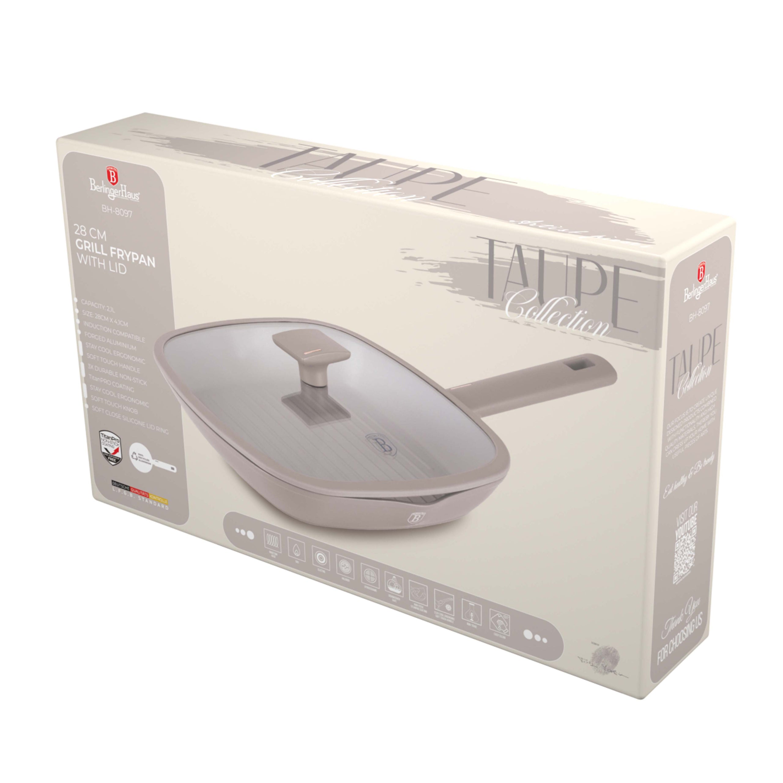Grill serpenyő fedővel nagy 28 cm indukciós tapadásmentes Berlinger Haus Taupe Collection