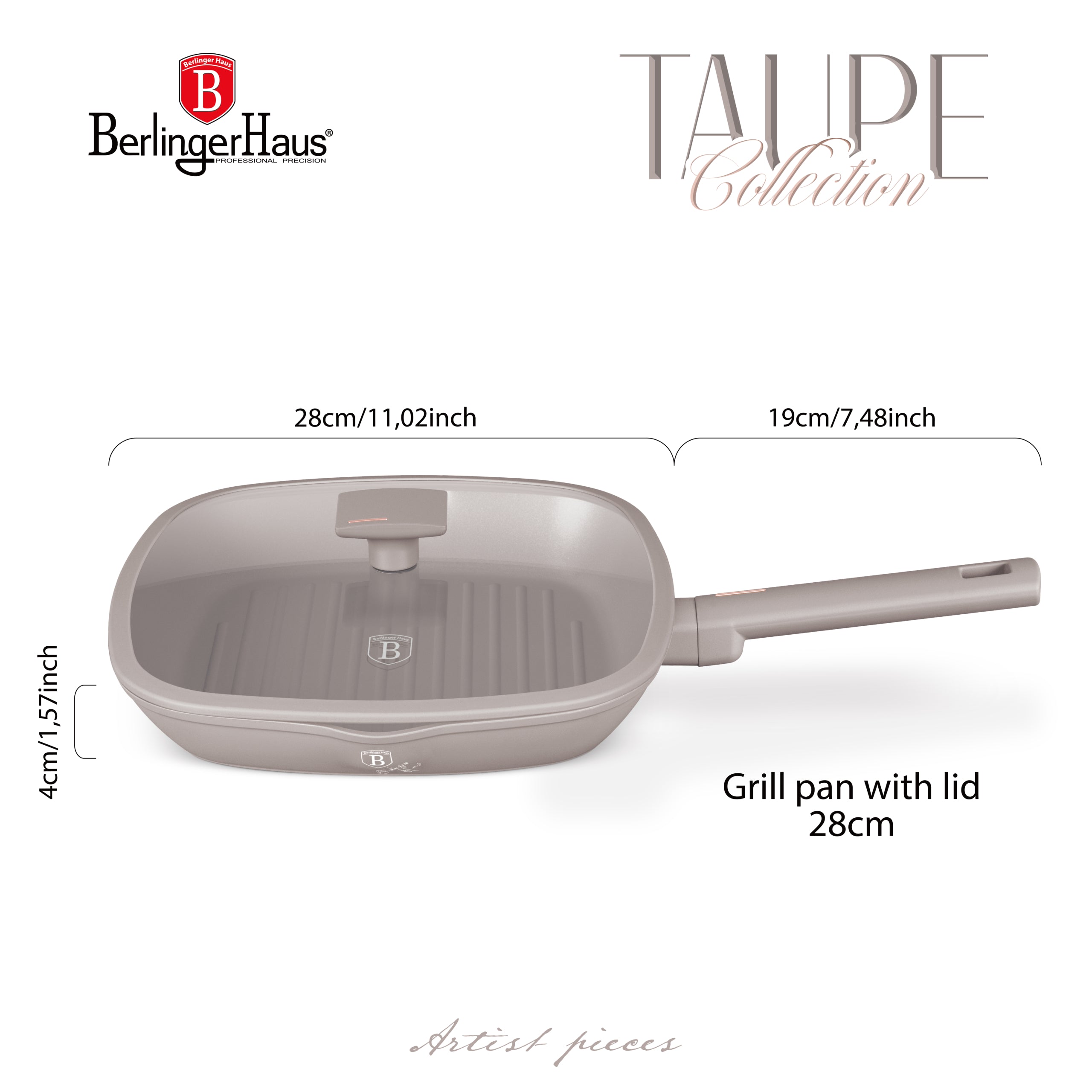 Grill serpenyő fedővel nagy 28 cm indukciós tapadásmentes Berlinger Haus Taupe Collection