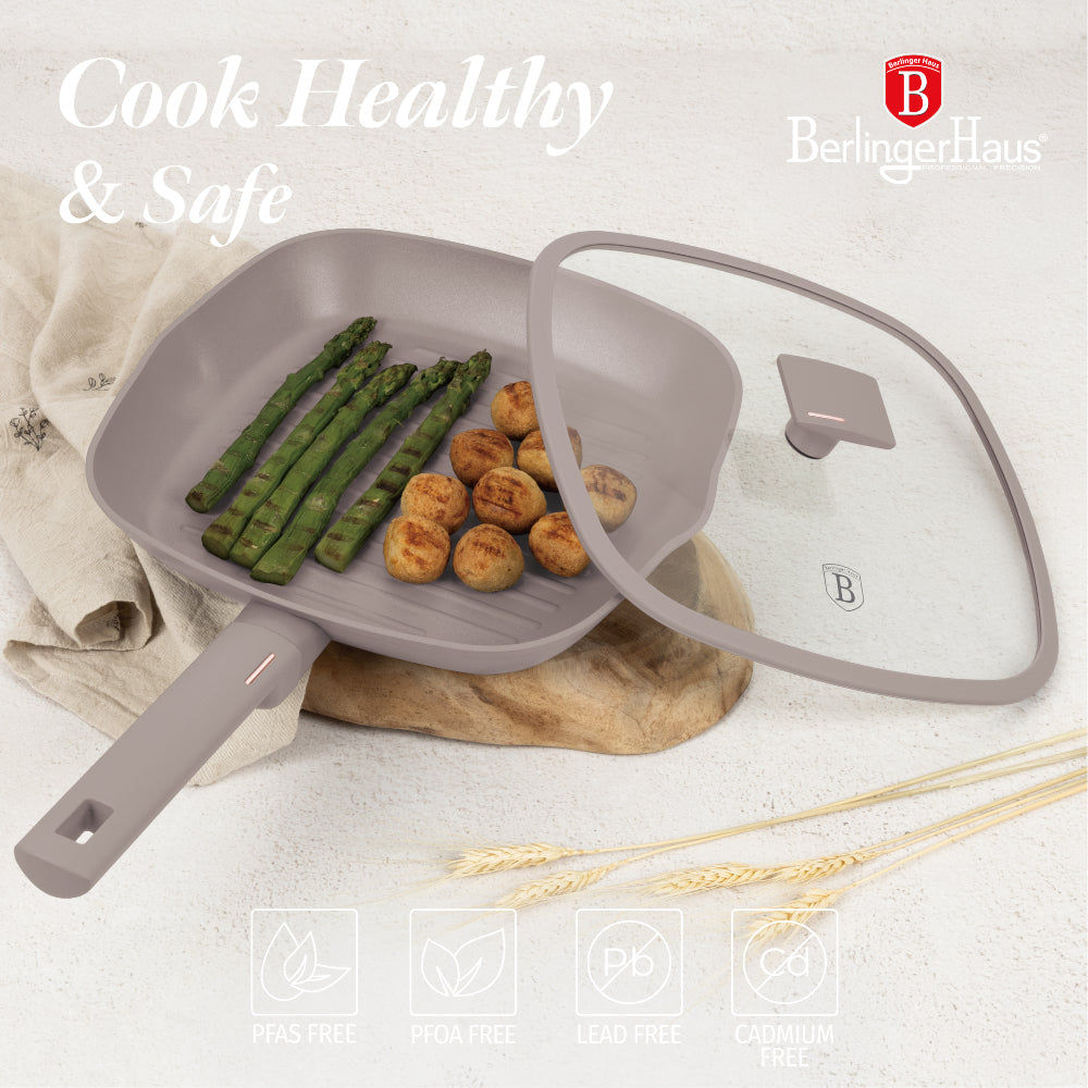 Grill serpenyő fedővel nagy 28 cm indukciós tapadásmentes Berlinger Haus Taupe Collection
