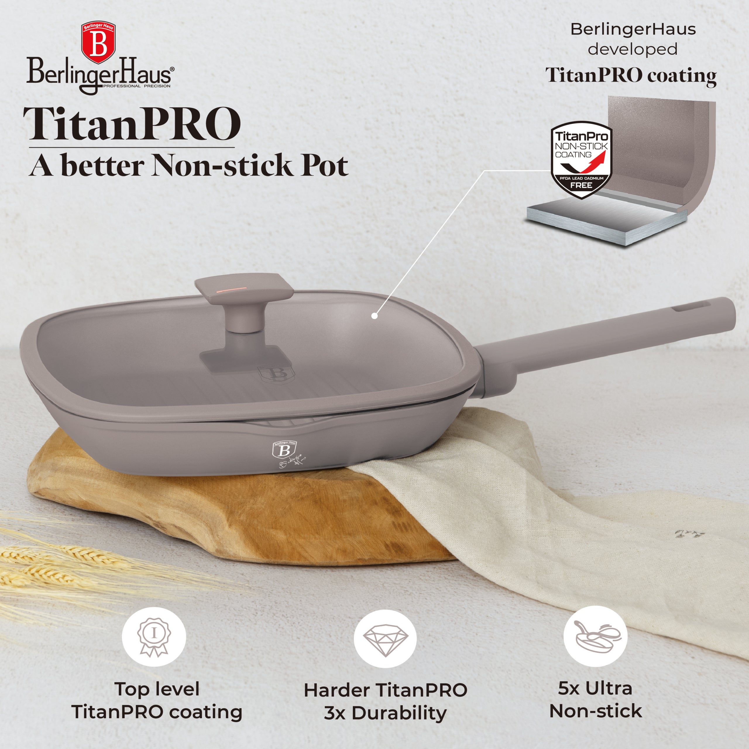 Grill serpenyő fedővel nagy 28 cm indukciós tapadásmentes Berlinger Haus Taupe Collection