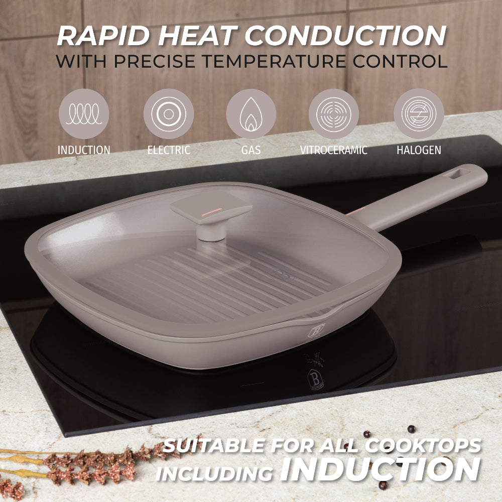 Grill serpenyő fedővel nagy 28 cm indukciós tapadásmentes Berlinger Haus Taupe Collection