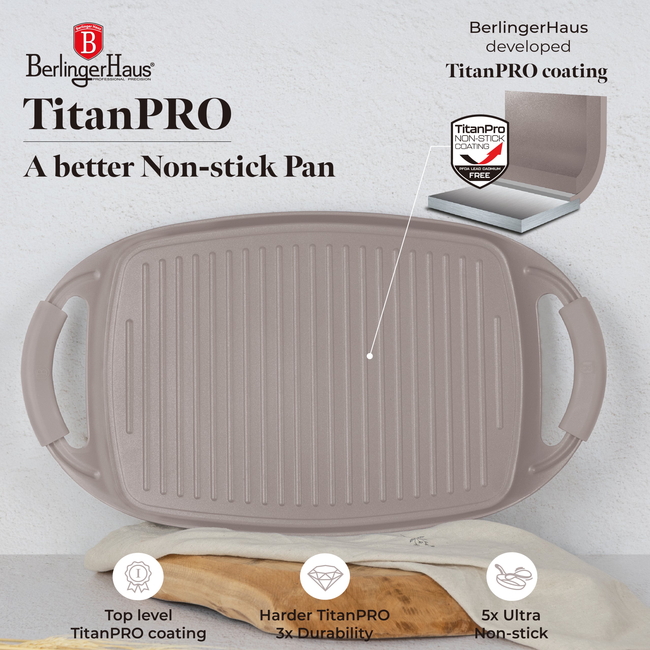 Grill sütőlap 47 cm indukciós tapadásmentes Berlinger Haus Taupe Collection