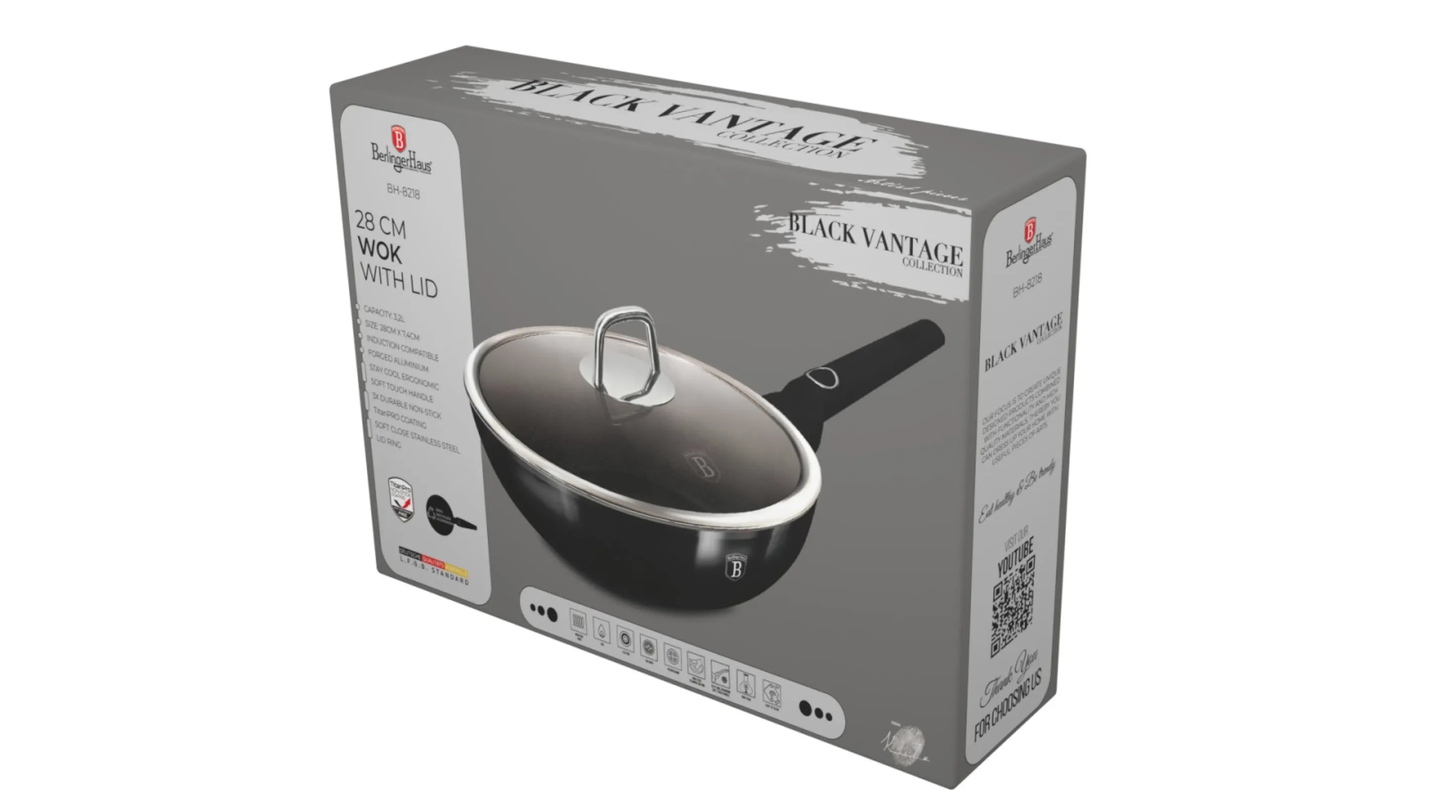 Berlinger Haus indukciós wok serpenyő fedővel 28 cm, 3,2 l – Black Vantage Collection