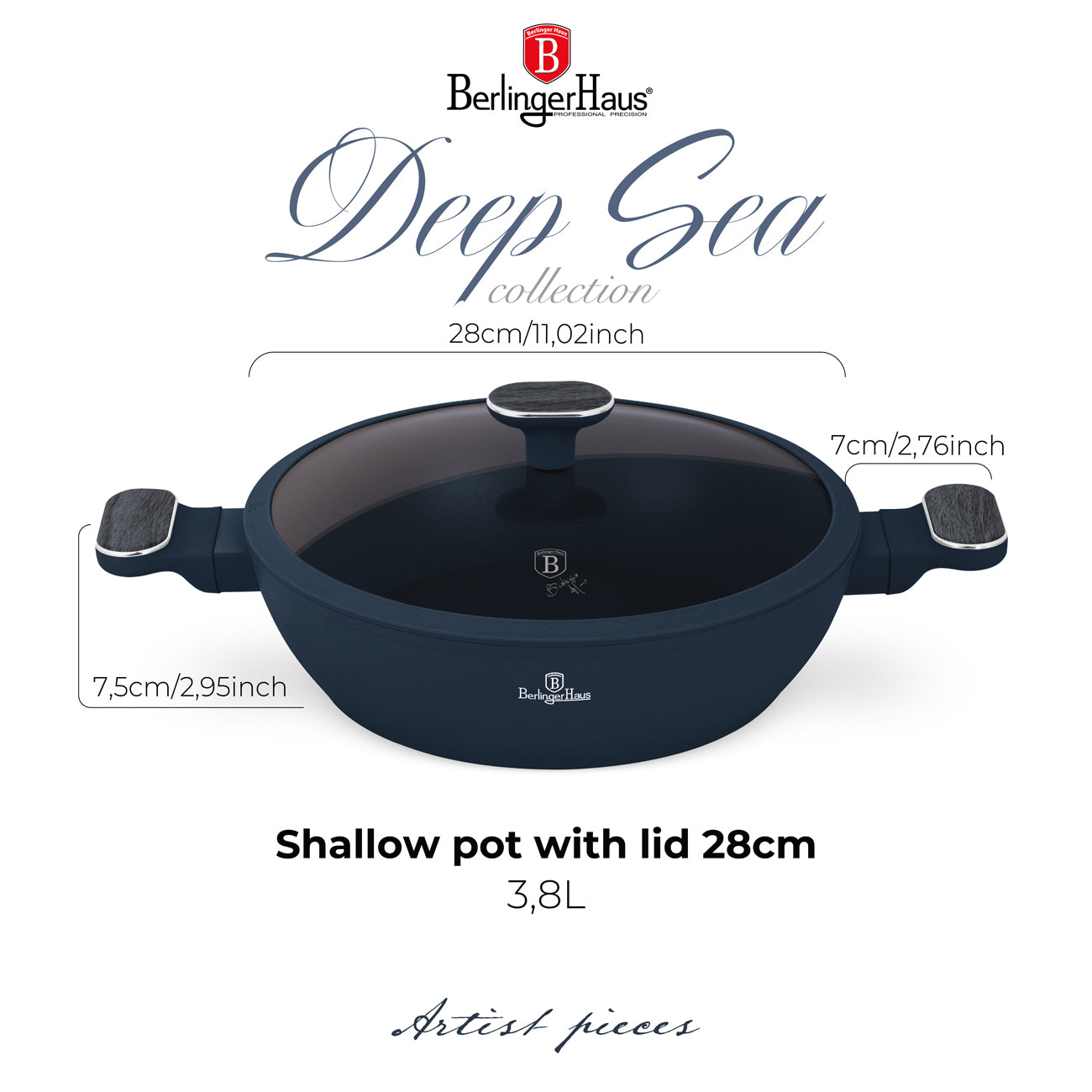Berlinger Haus tapadásmentes indukciós alacsony lábas fedővel 3,8 L Deep Sea