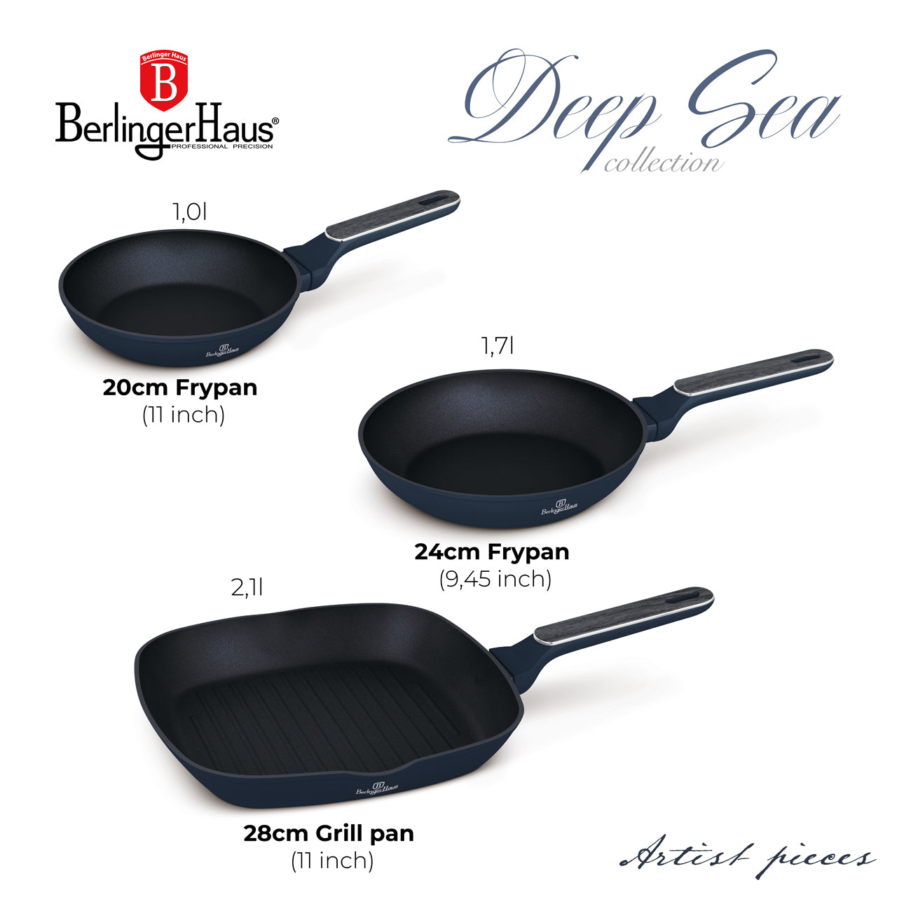 BerlingerHaus tapadásmentes indukciós 3 részes serpenyő szett grill serpenyővel Deep Sea