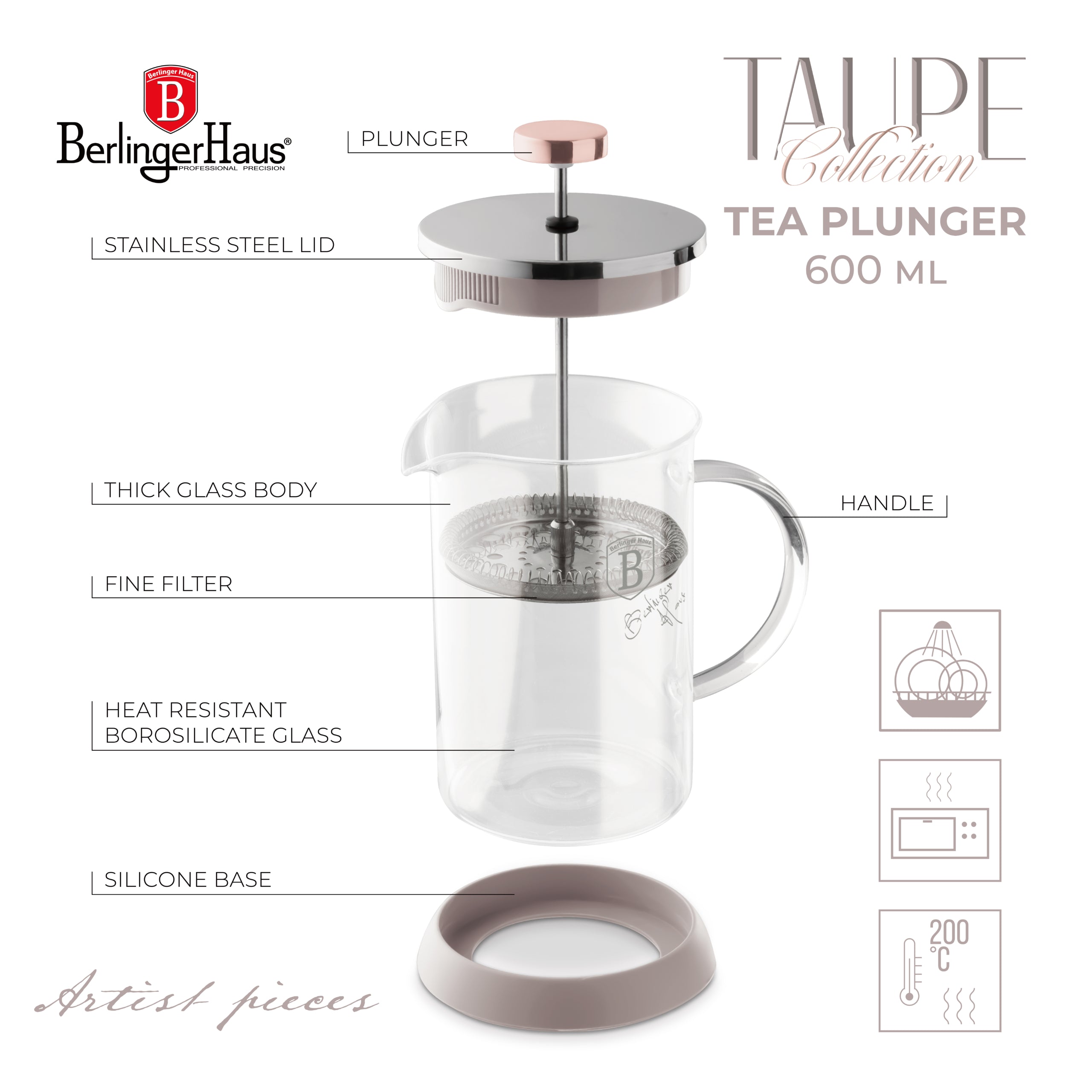 Dugattyús kávé és teafőző 600 ml szürke Berlinger Haus