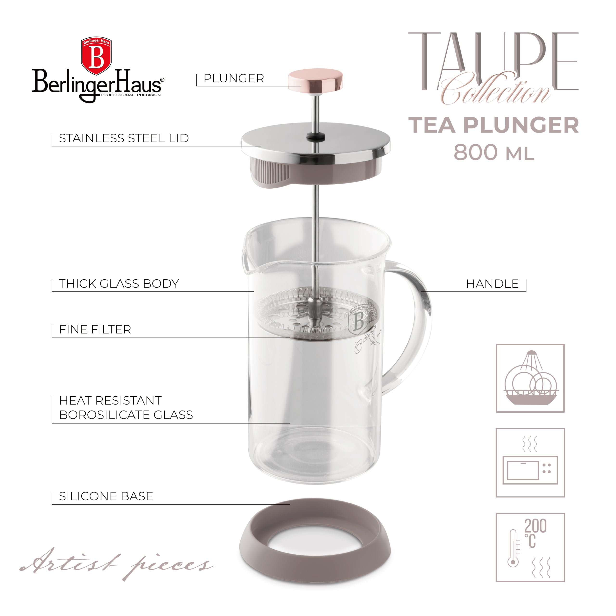 Dugattyús kávé és teafőző 800 ml szürke Berlinger Haus