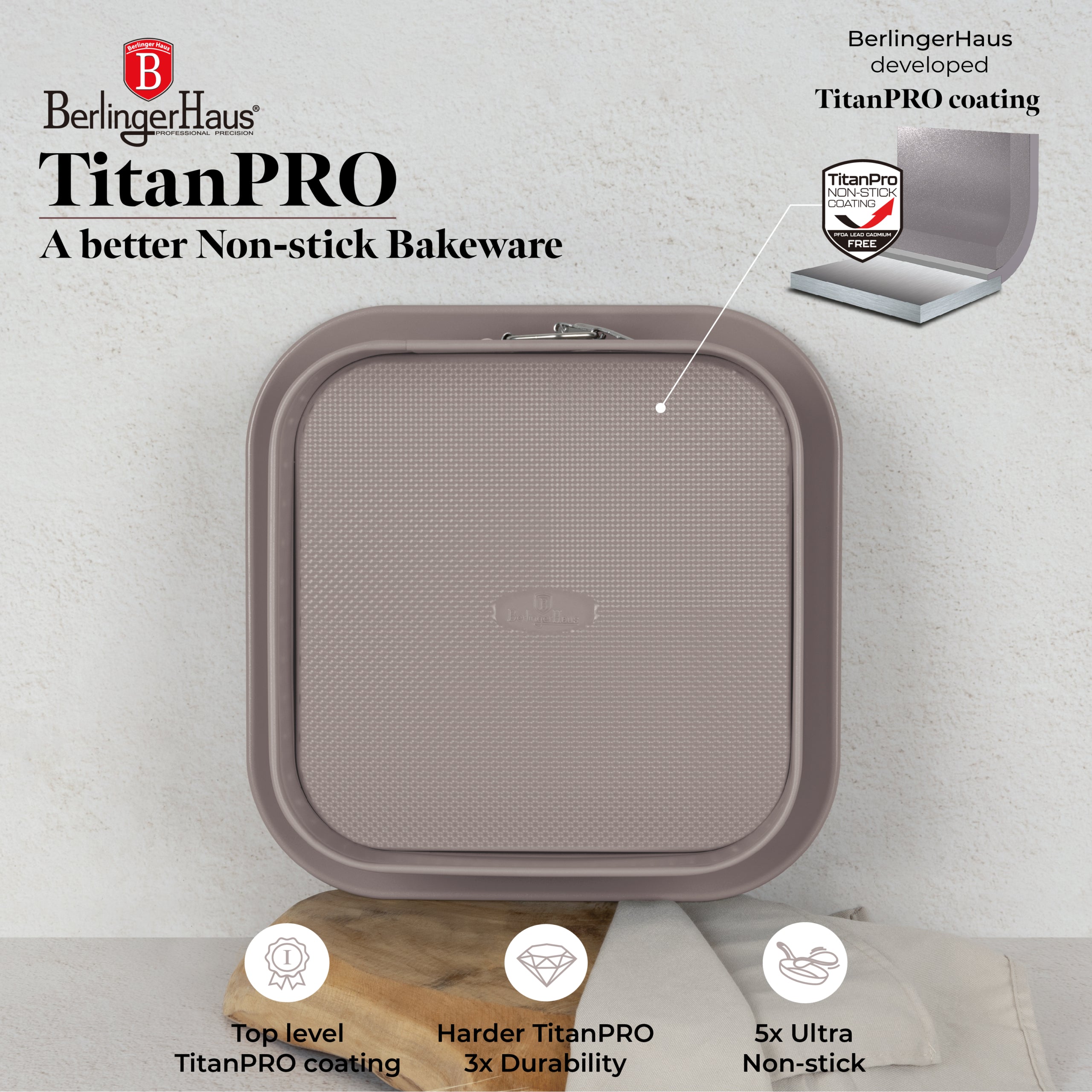 Szögletes tortaforma tapadásmentes titánPro bevonattal 28 cm Berlinger Haus Taupe szürke