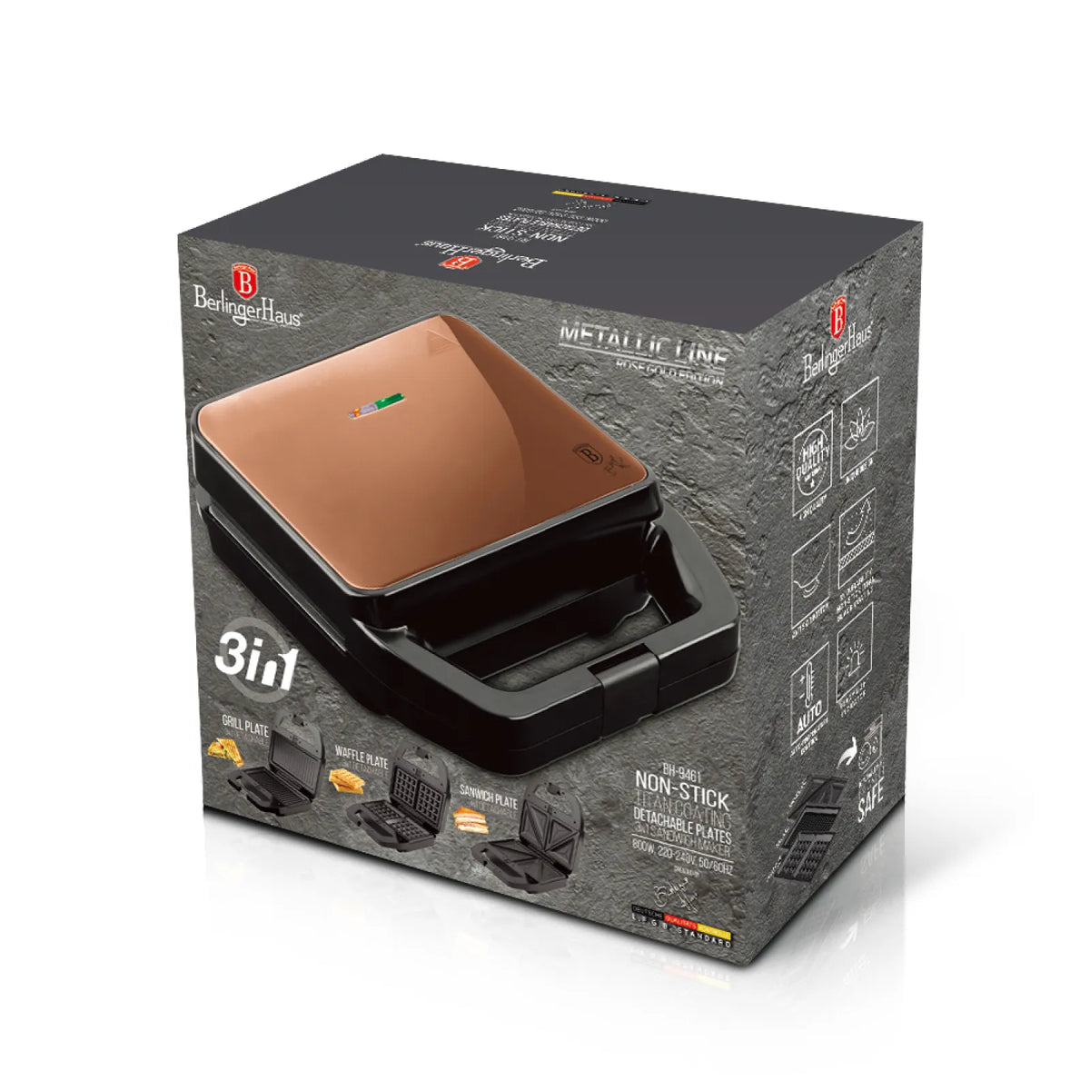 Berlinger Haus 3 az 1-ben cserélhető betétes szendvics-, grill- és gofrisütő (800 W) – Outlet Collection
