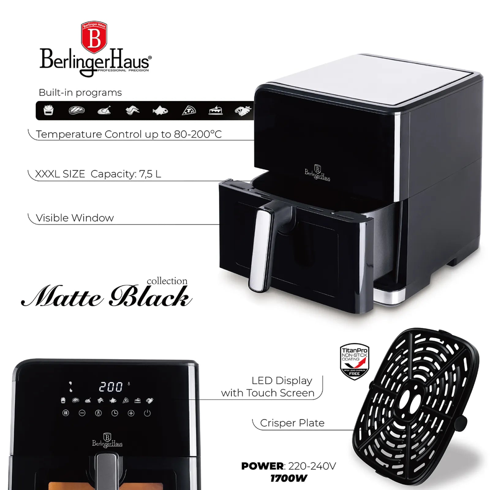 AirFryer átlátszó ablakkal 7.5 literes 1700 W Berlinger Haus Matte Black