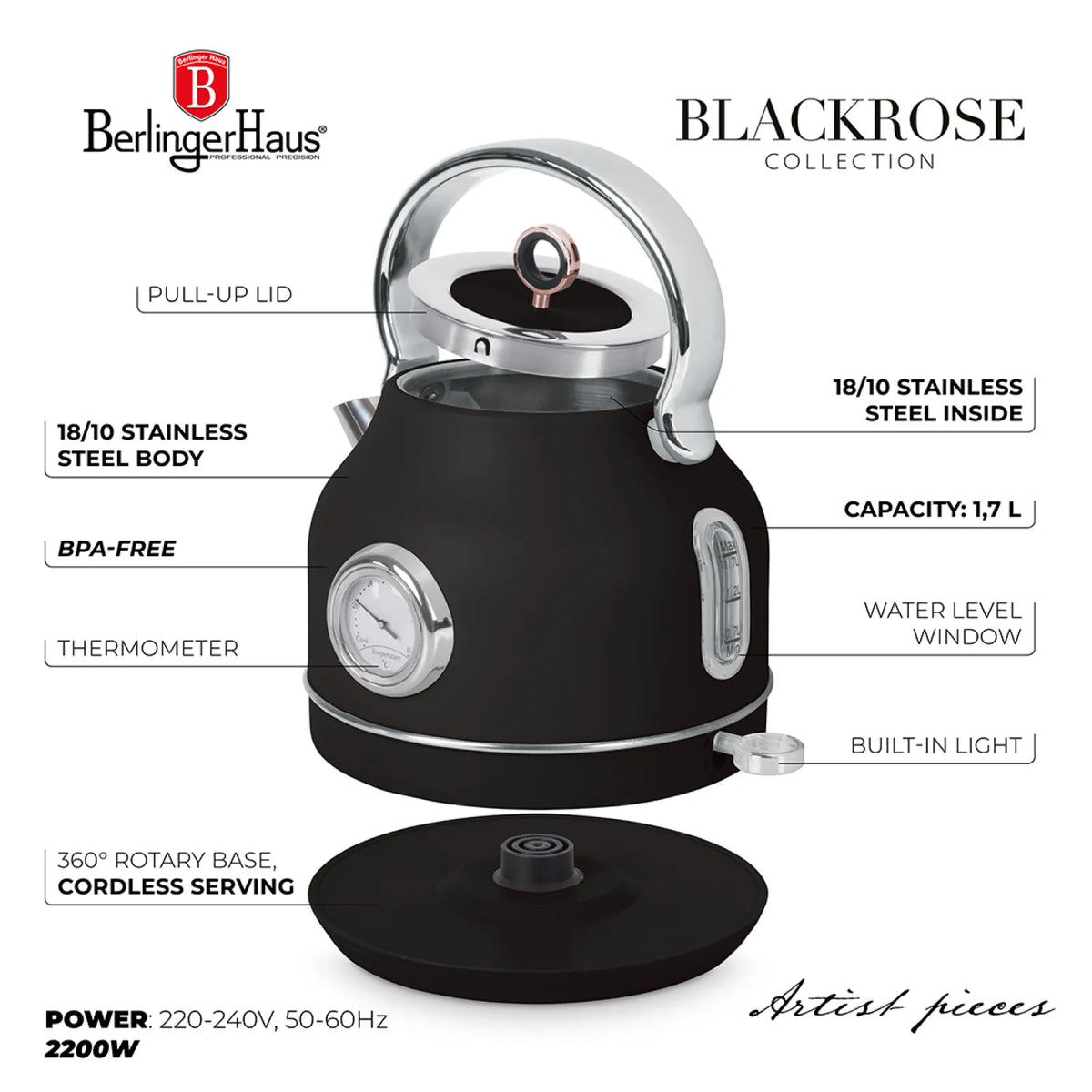 Berlinger Haus Elektromos vízforraló hőfok kijelzővel (2200 W) – Black Rose Collection