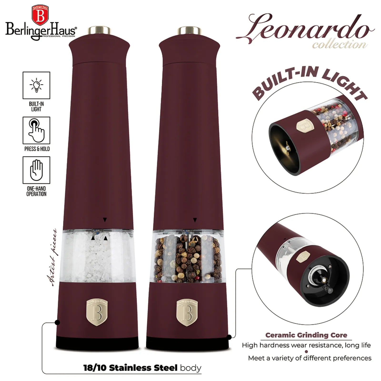Berlinger Haus elektromos só- és borsőrlő szett 2 db – Leonardo Collection